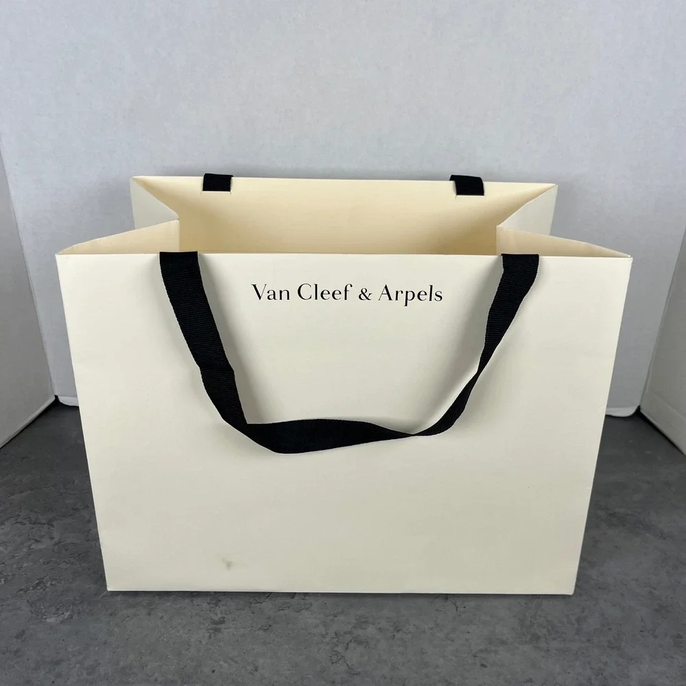 Van Cleef & Arpels Cream Shopping Bag with Black Ribbon Handles Luxury Jewelry